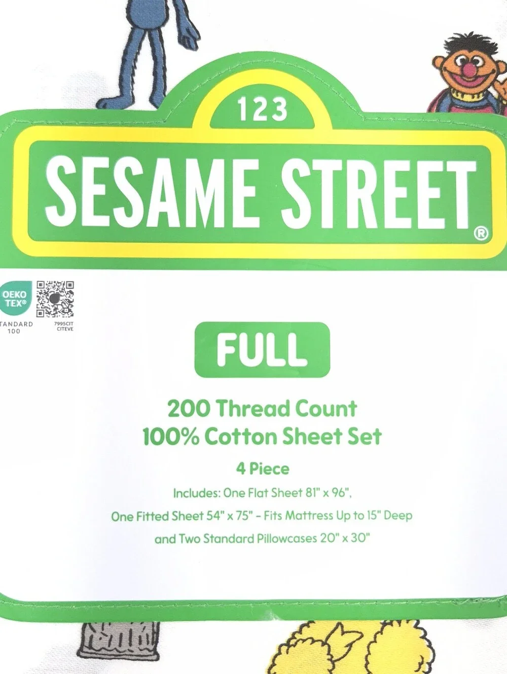 Sesame Street 4-piece FULL Sheet Set 100% Cotton 200 Thread Count Monsters - NEW